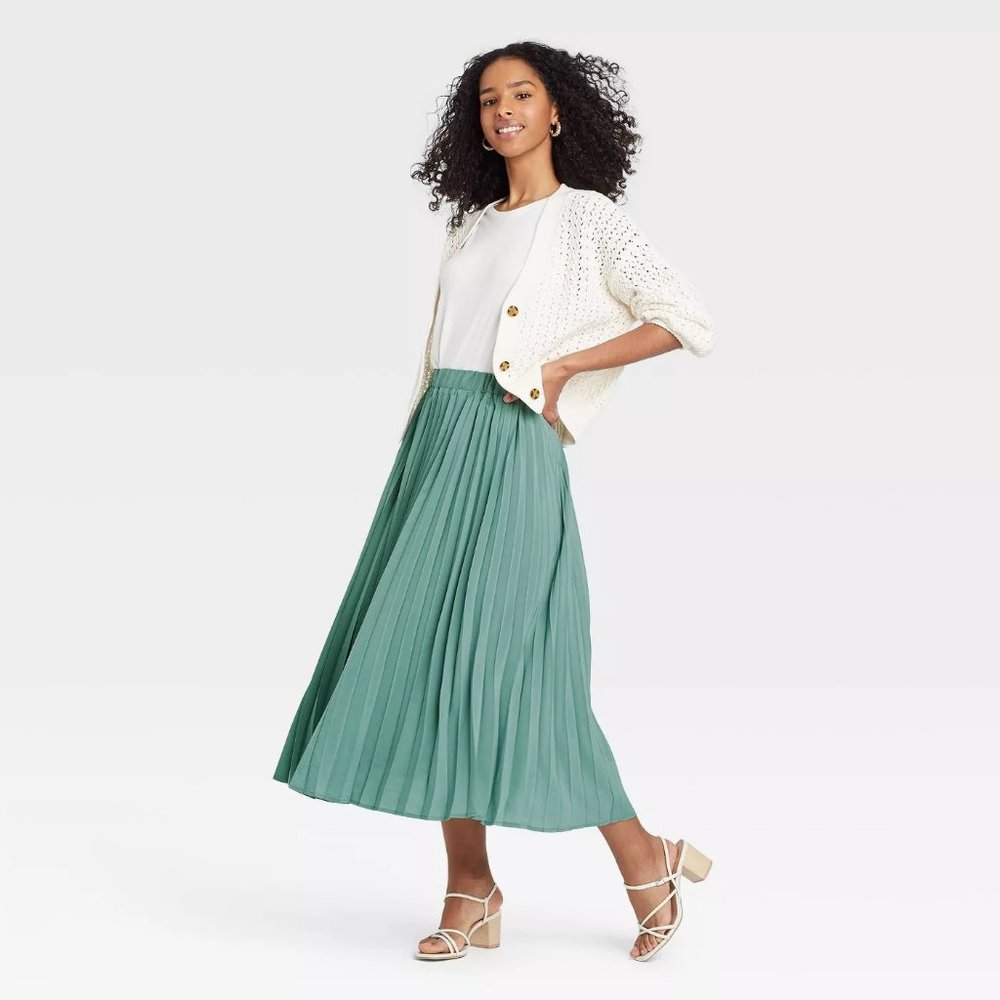 A New Day Pleated A-Line Maxi Skirt - Teal (Large)